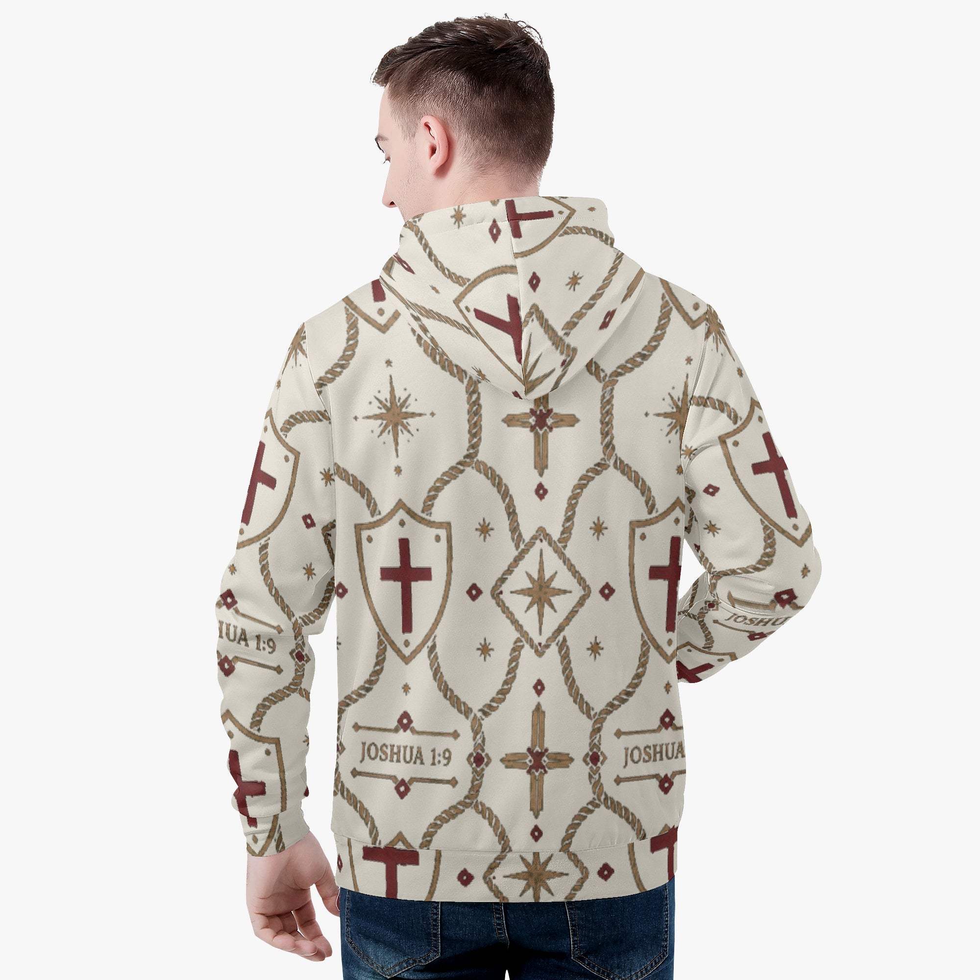 CARRY THE STANDARD pullover hoodie in ivory — SANCTUS NOVA house monogram, marked JOSHUA 1:9