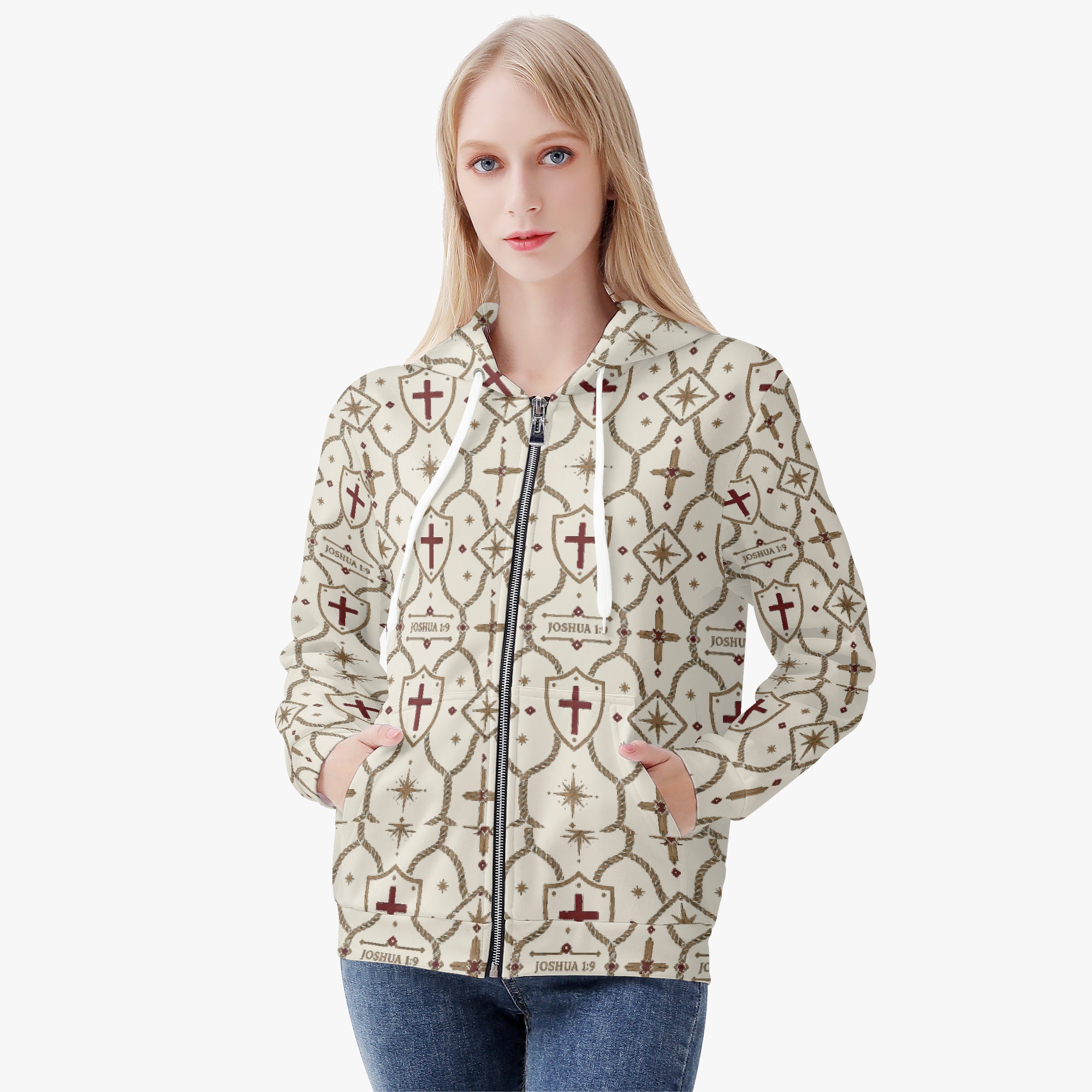 CARRY THE STANDARD women's full-zip hoodie in ivory — SANCTUS NOVA house monogram, view 3