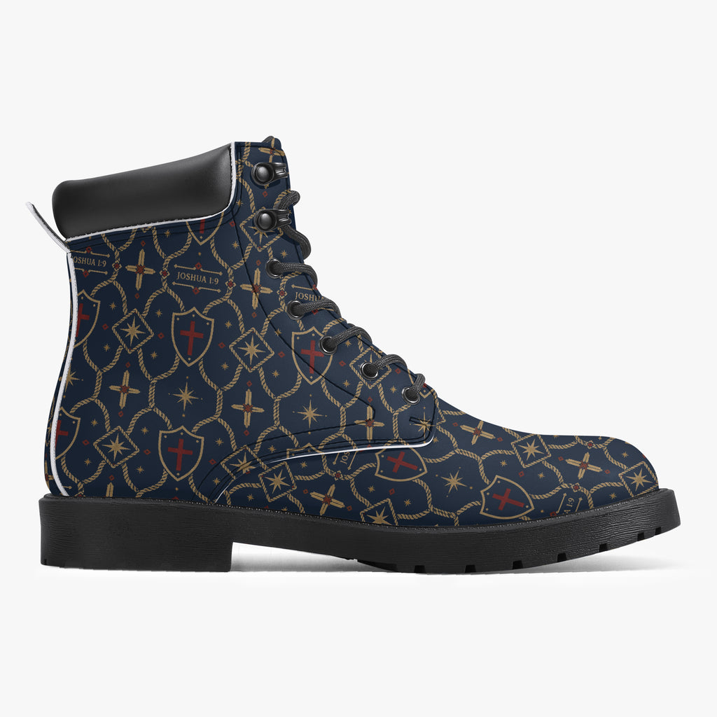 SANCTUS NOVA CARRY THE STANDARD leather boot in the royal navy monogram, detail view