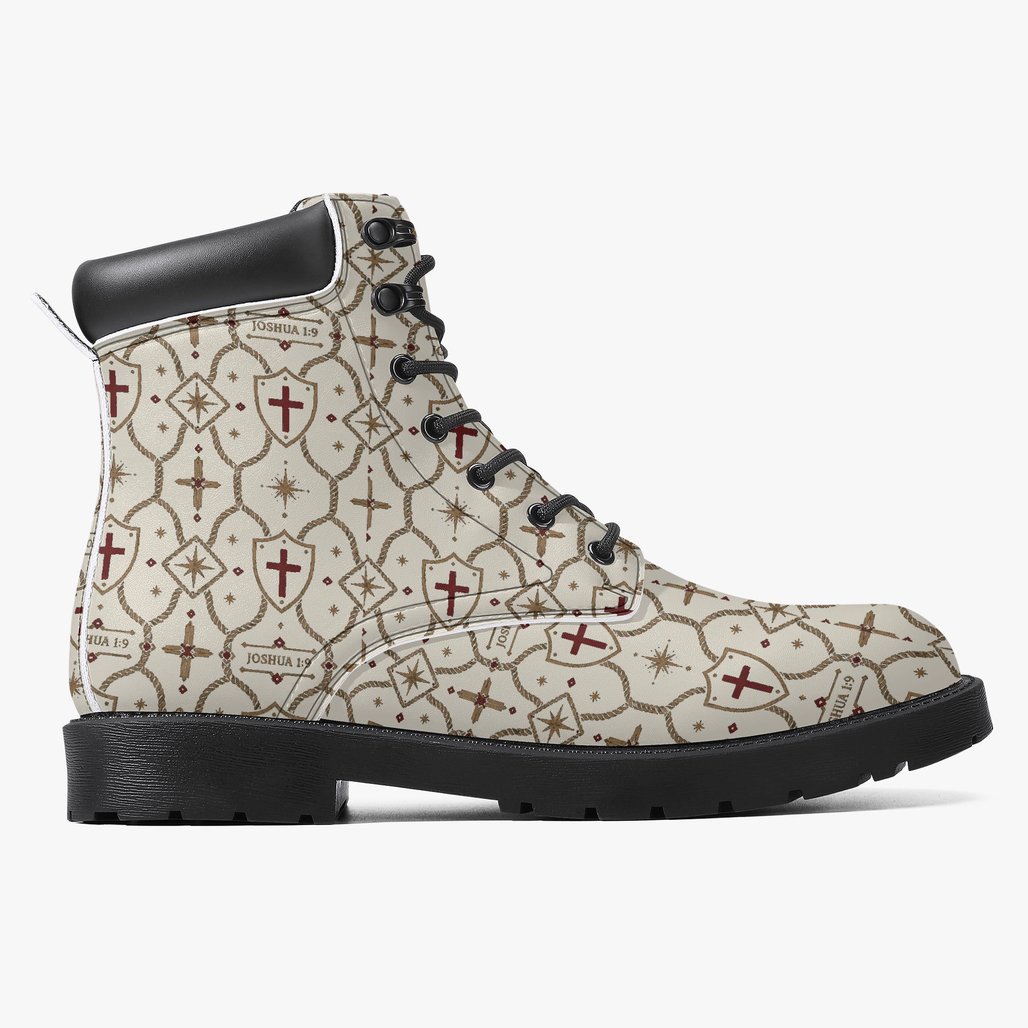 SANCTUS NOVA CARRY THE STANDARD leather boot in the ivory monogram, angled view