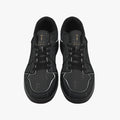 Front view of SANCTUS NOVA Deep Black sneakers with complete gold-color signatures and Joshua 1:9 above the laces.