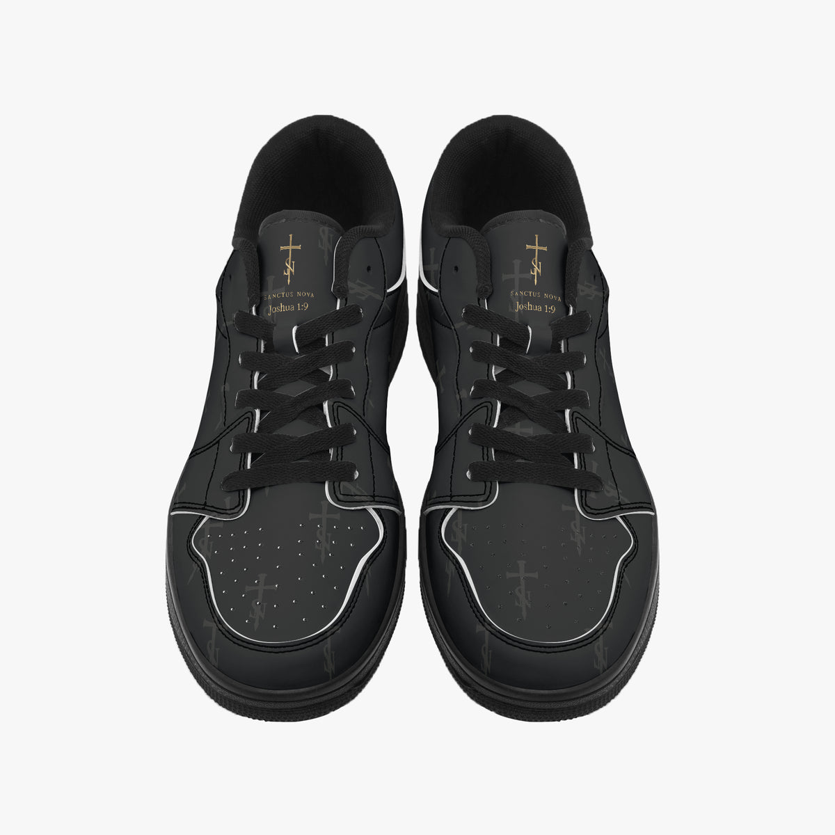 Front view of SANCTUS NOVA Deep Black sneakers with complete gold-color signatures and Joshua 1:9 above the laces.