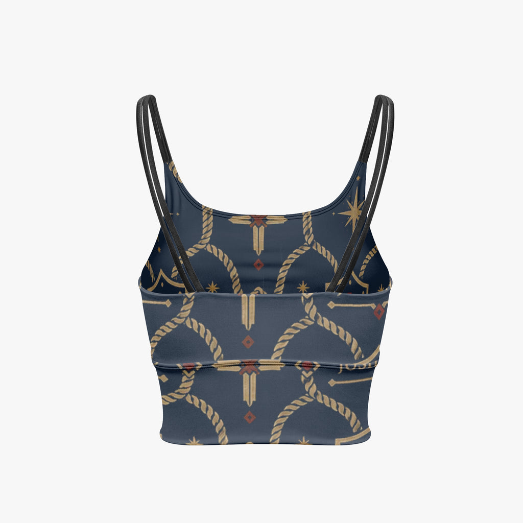 CARRY THE STANDARD women's short yoga top in royal navy — SANCTUS NOVA house monogram, view 4