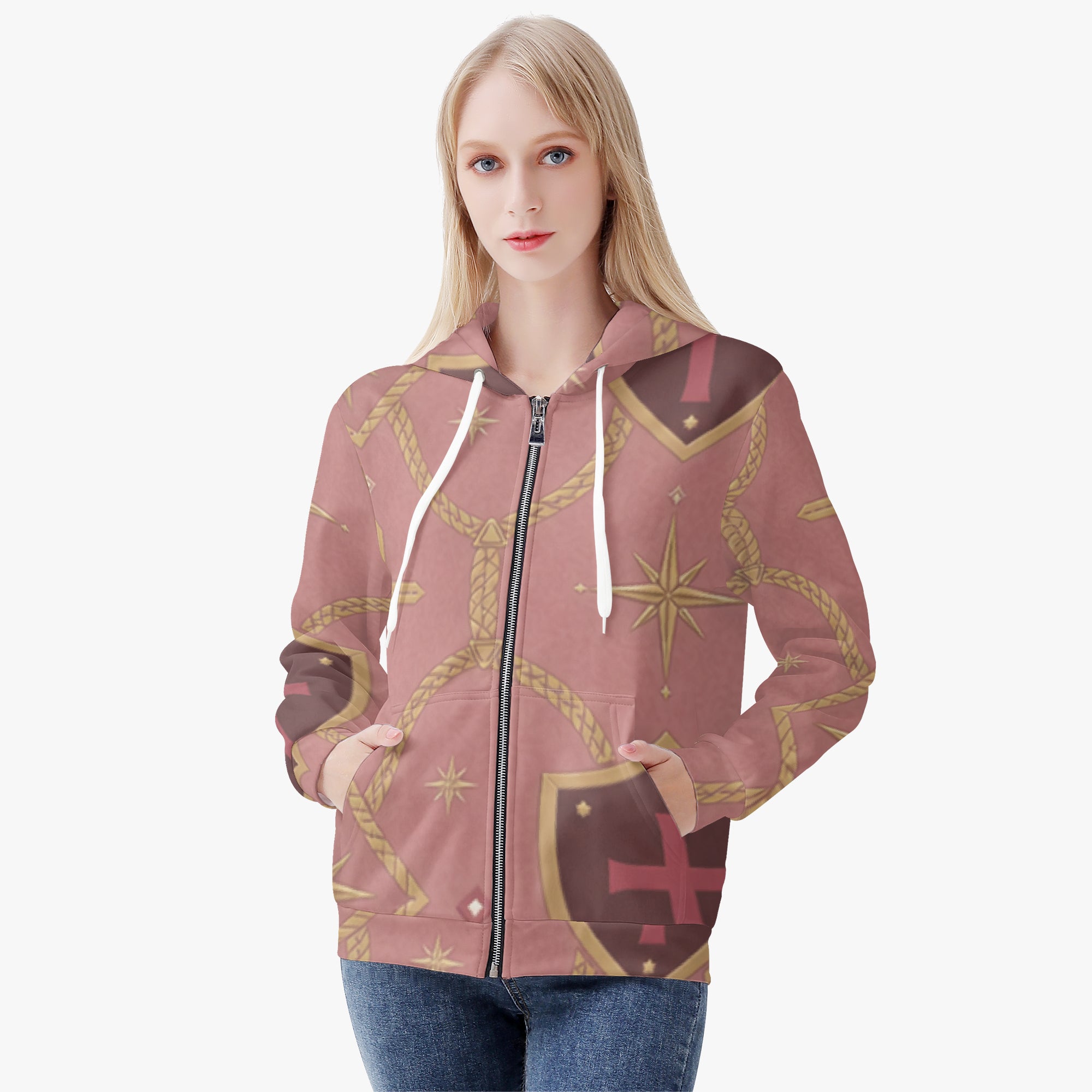 CARRY THE STANDARD women's full-zip hoodie in rose — SANCTUS NOVA house monogram, view 3