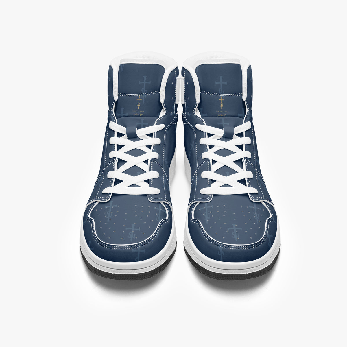 SANCTUS NOVA Royal Navy signature high-top sneakers. White trim, front view showing gold-color tongue signatures.