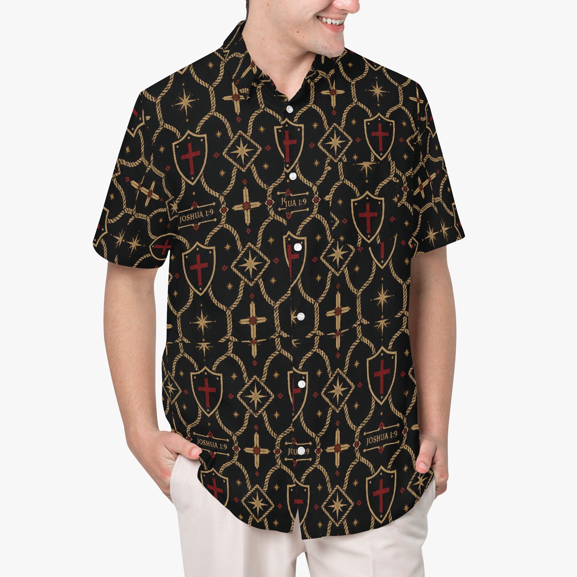 CARRY THE STANDARD camp shirt — SANCTUS NOVA house monogram in gold on charcoal, marked JOSHUA 1:9
