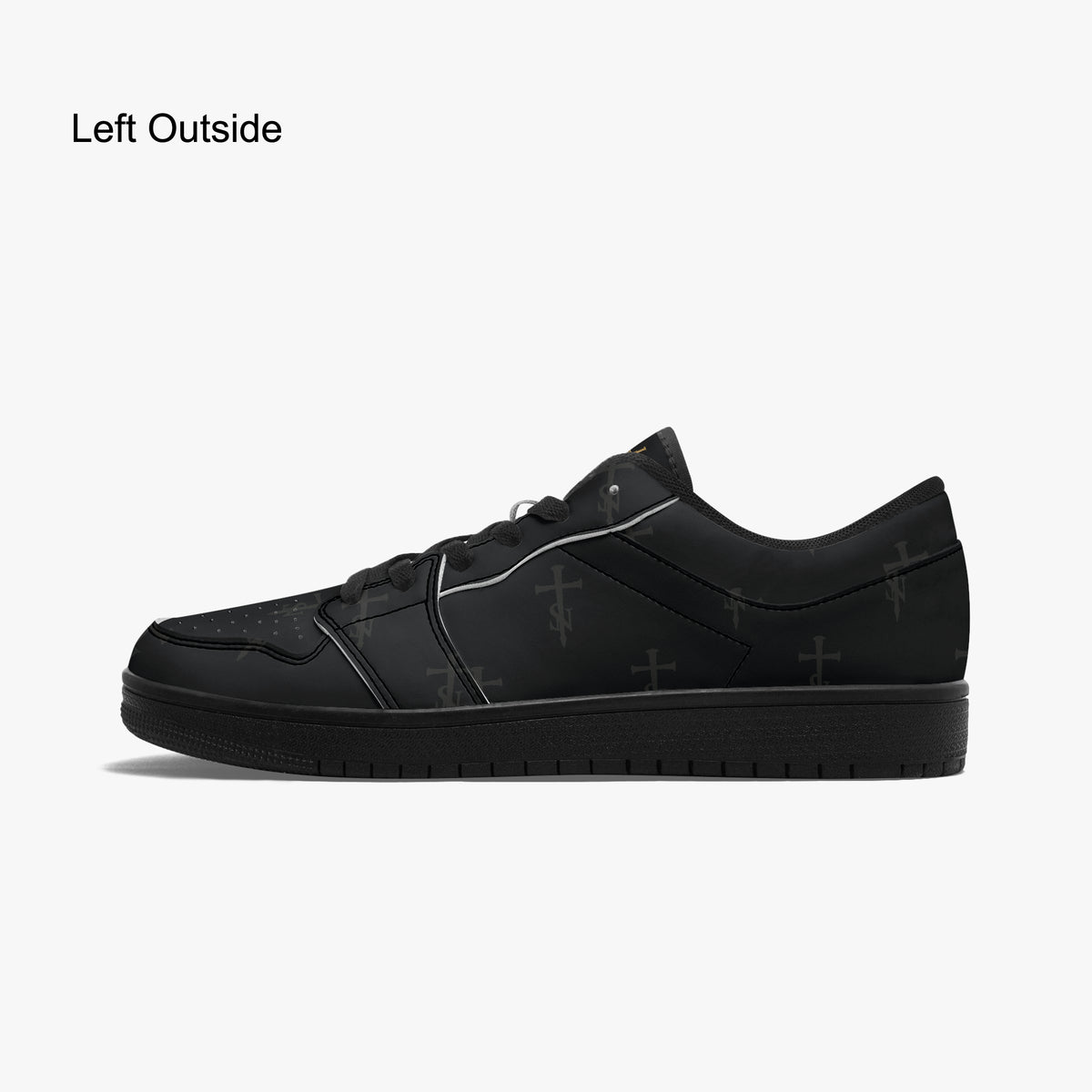 Outside profile of the SANCTUS NOVA Deep Black low-top sneaker with tonal monogram and black sole.
