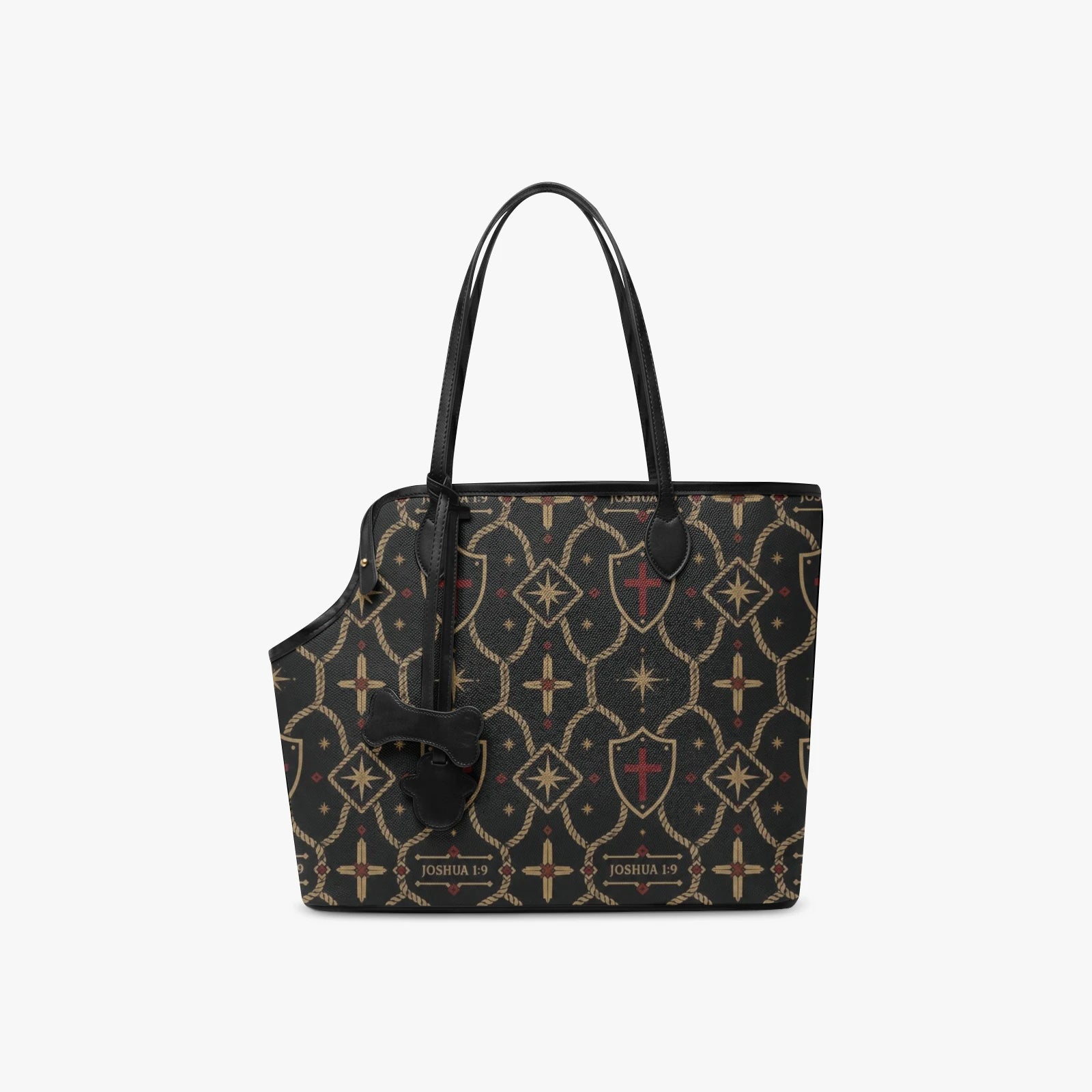 Monogram pet carrier tote — gold shields and crosses on charcoal, side-open entry, view 2