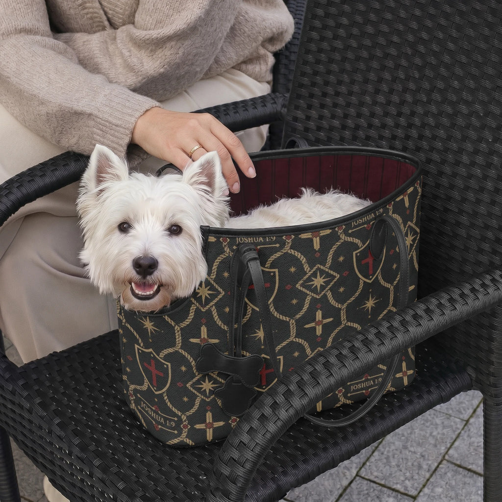 Monogram pet tote — gold cross and shield motif on charcoal ground, view 10