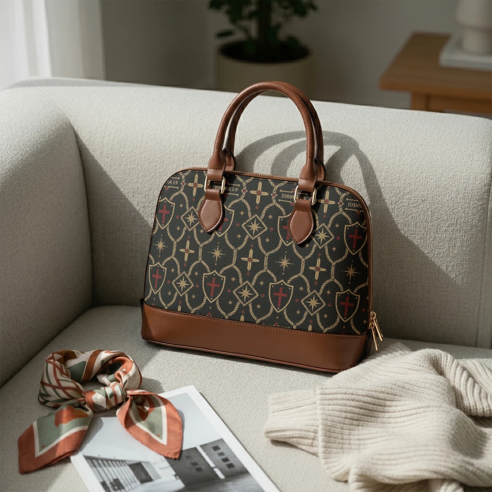 CARRY THE STANDARD dome handbag — gold rope-lattice trellis on charcoal pebbled ground, view 5