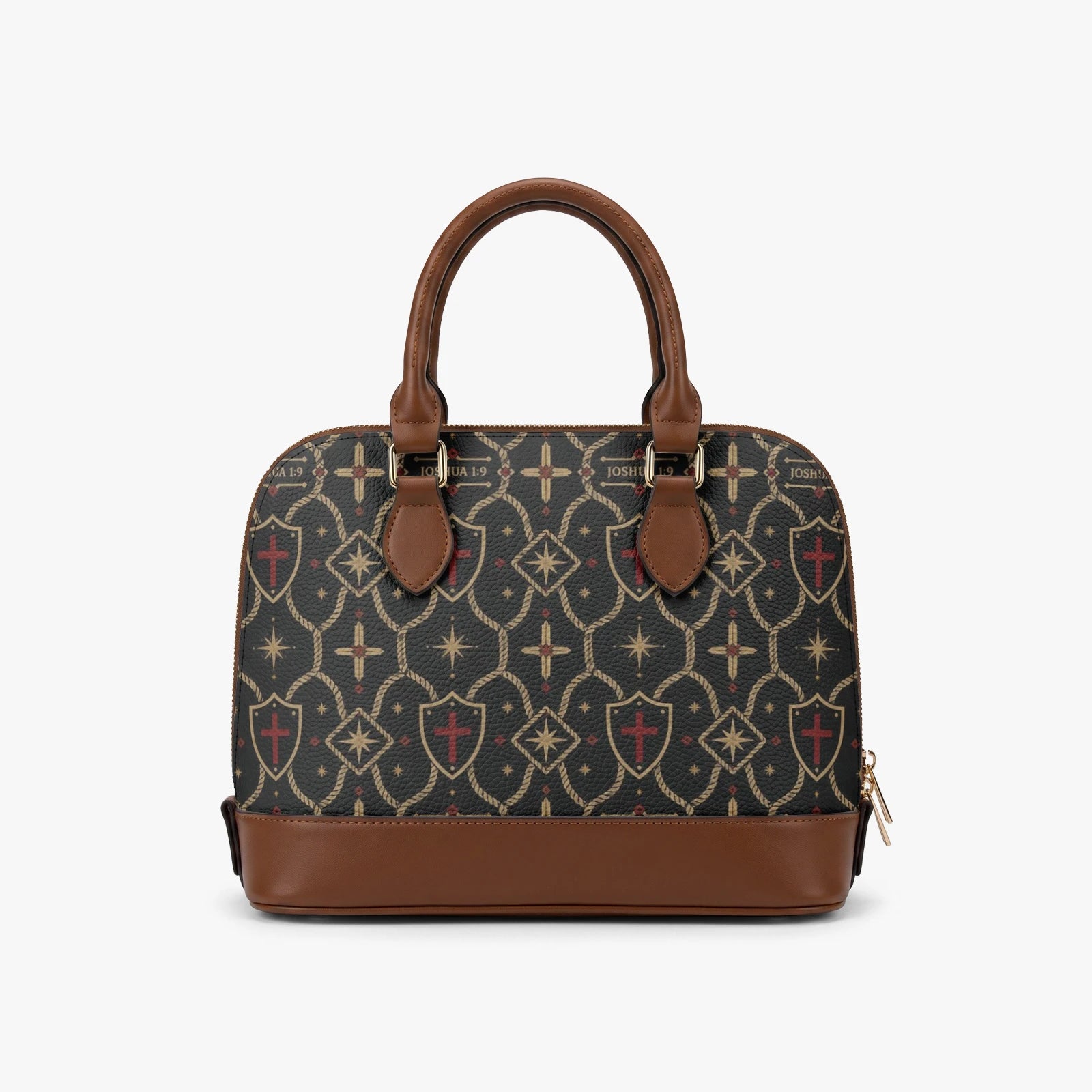 CARRY THE STANDARD dome handbag — SANCTUS NOVA house monogram in gold on charcoal, marked JOSHUA 1:9