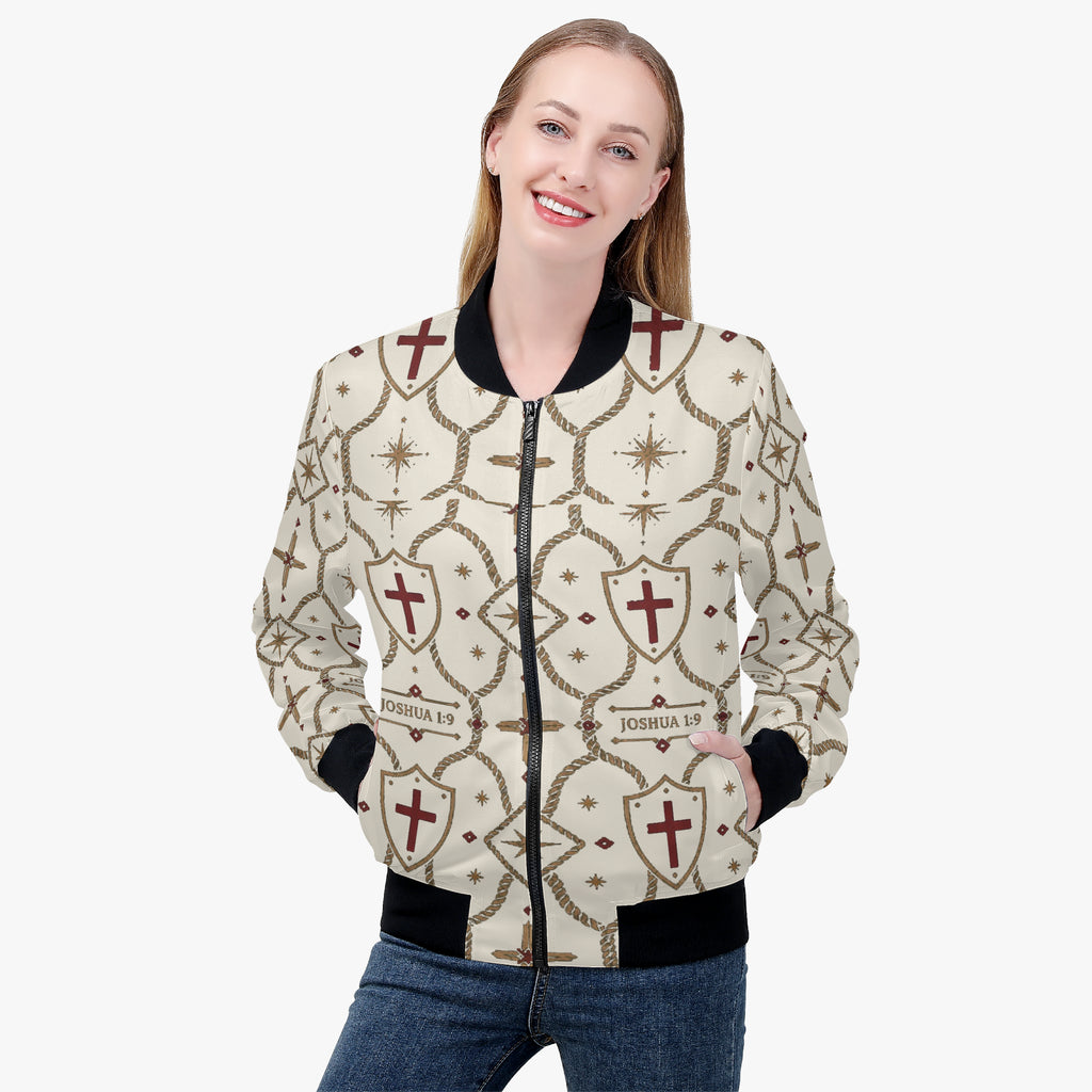CARRY THE STANDARD women's bomber jacket in ivory — SANCTUS NOVA house monogram, view 4