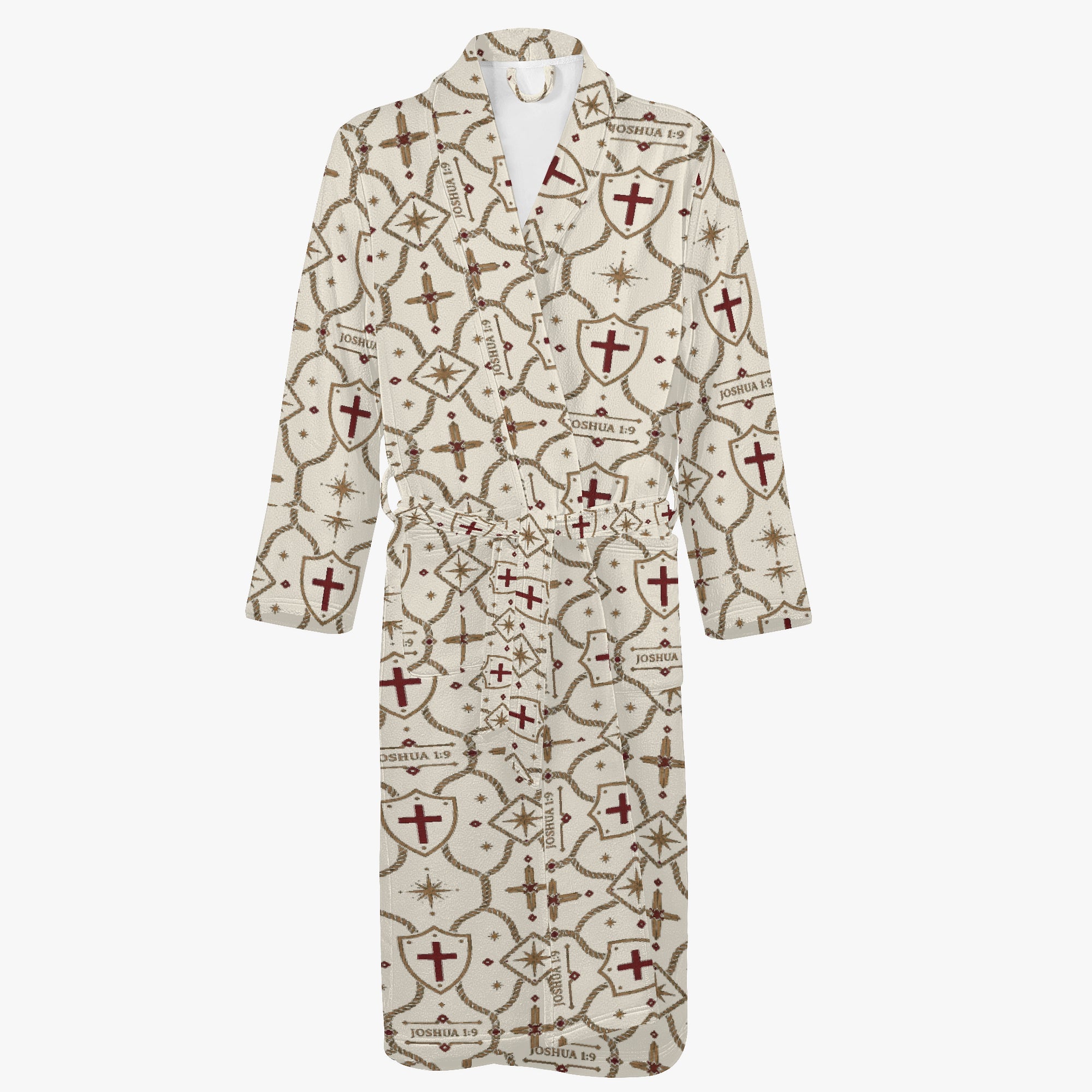 CARRY THE STANDARD bathrobe in ivory — SANCTUS NOVA house monogram, view 2
