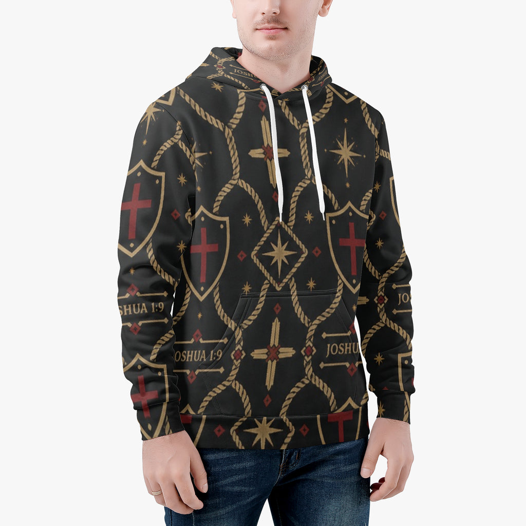 Signature monogram pullover hoodie worn front-on, hands in the pouch pocket