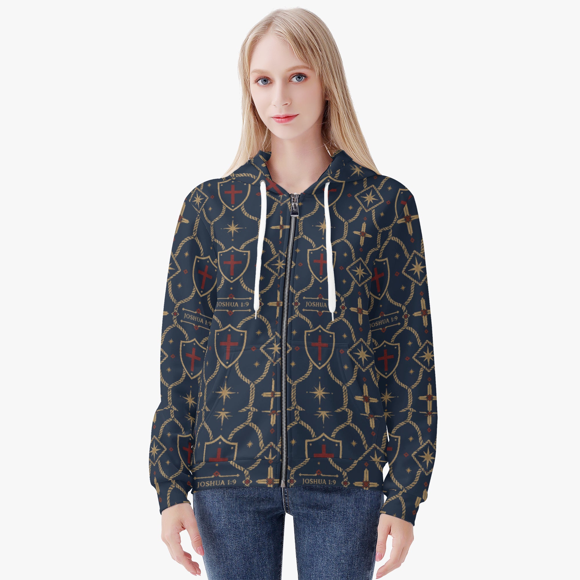 CARRY THE STANDARD women's full-zip hoodie in royal navy — SANCTUS NOVA house monogram, view 5