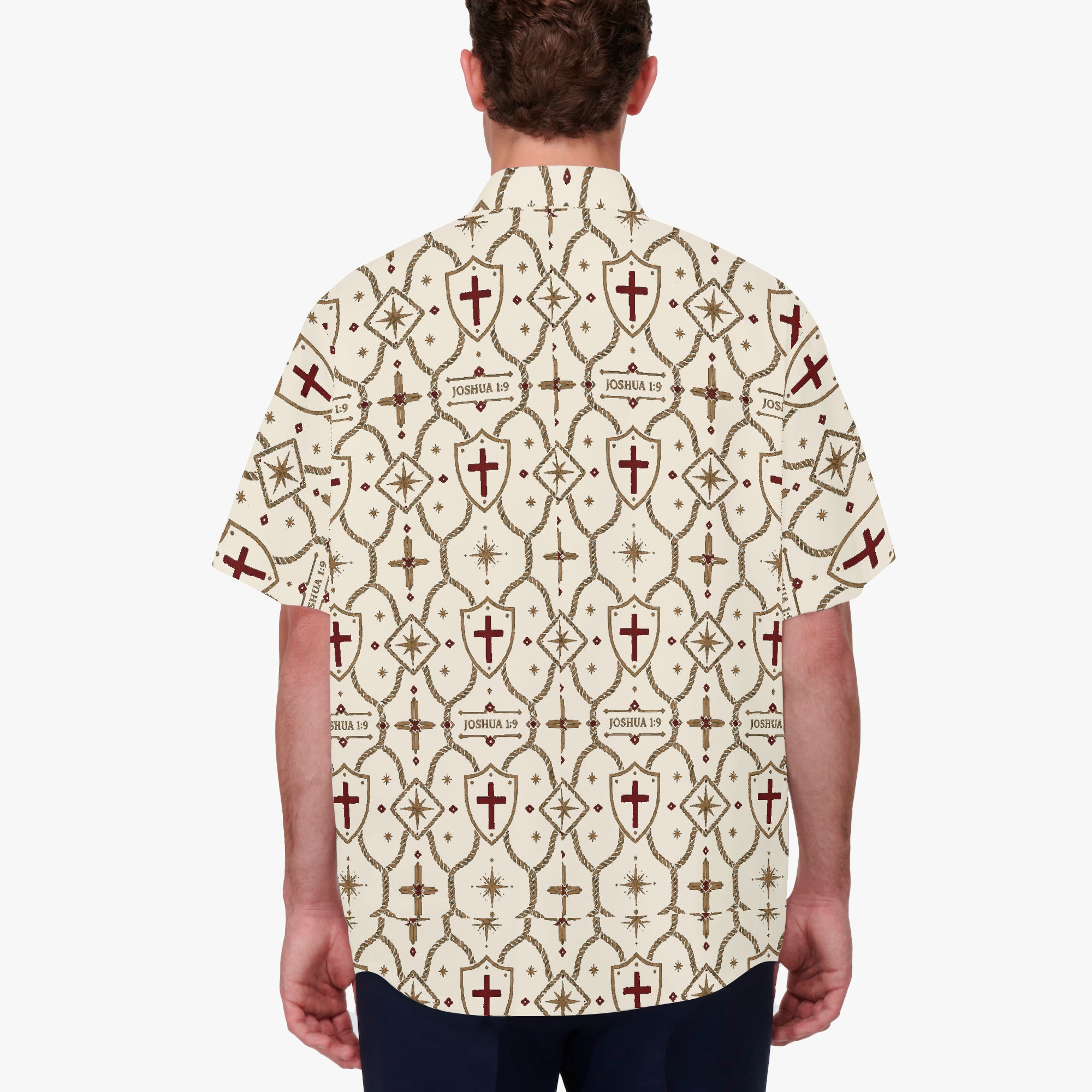 CARRY THE STANDARD camp shirt in ivory — SANCTUS NOVA house monogram, view 3