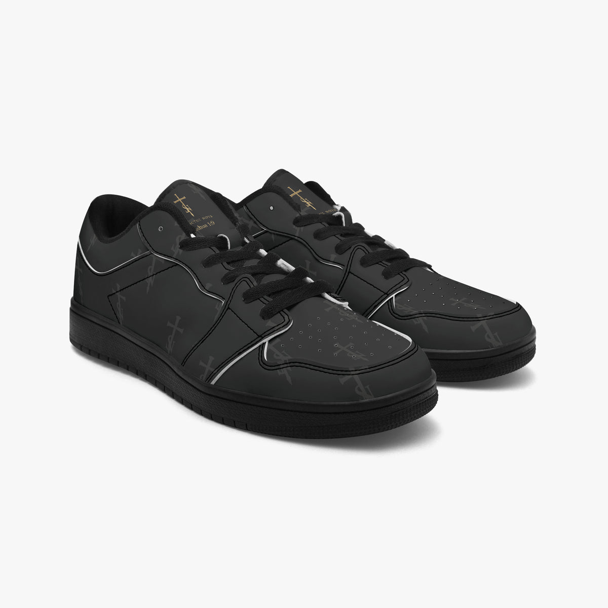 Pair of SANCTUS NOVA Deep Black low-top sneakers with tonal cross-and-SN print and gold-color tongue signatures.
