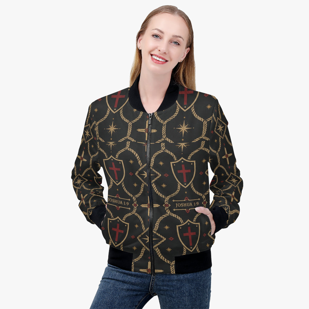 Christian monogram bomber jacket for women — JOSHUA 1:9 set in gold small caps on the Standard pattern (view 4)