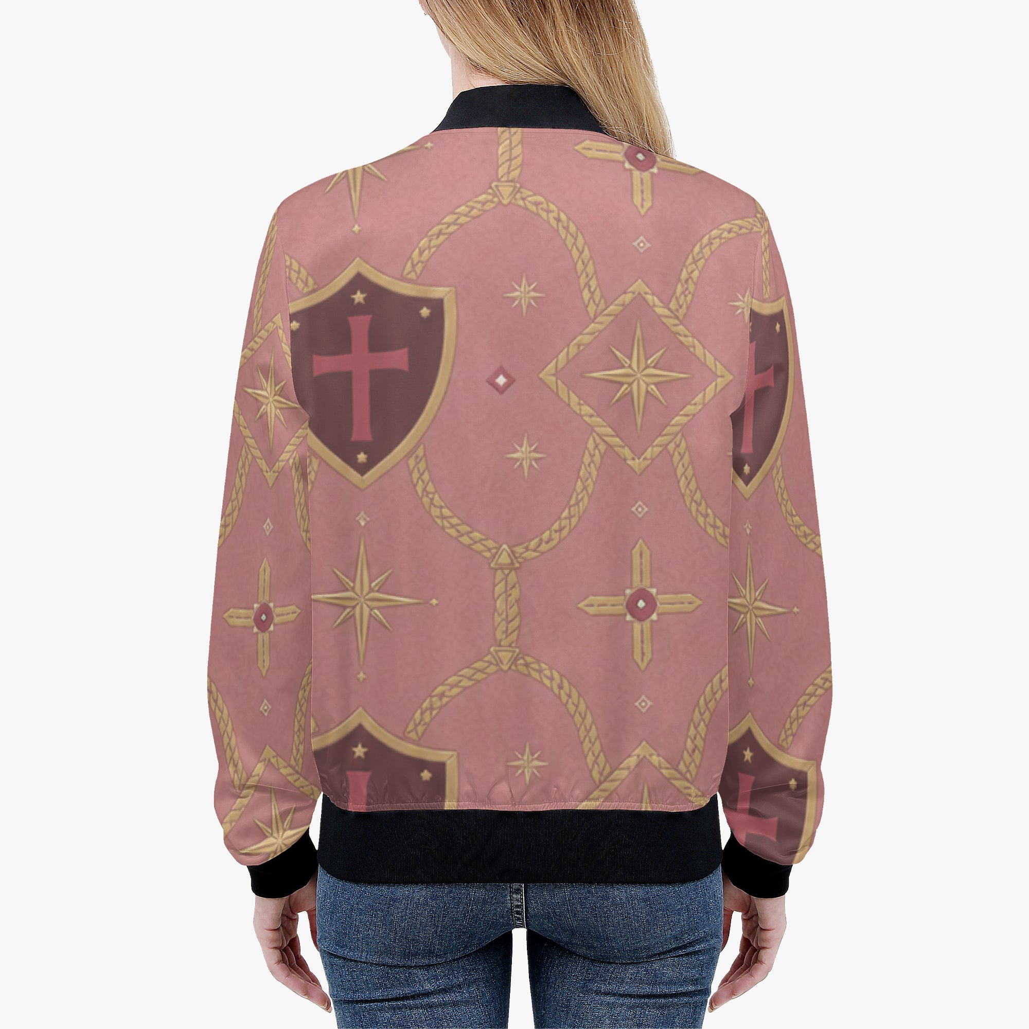 CARRY THE STANDARD women's bomber jacket in rose — SANCTUS NOVA house monogram, view 8