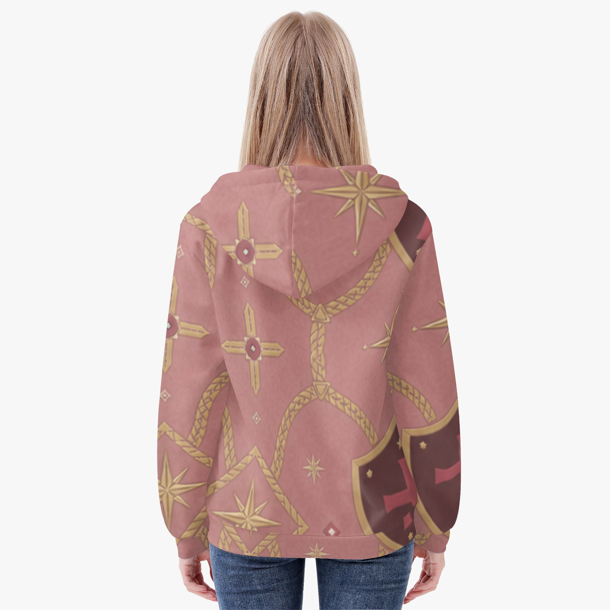 CARRY THE STANDARD women's full-zip hoodie in rose — SANCTUS NOVA house monogram, view 4