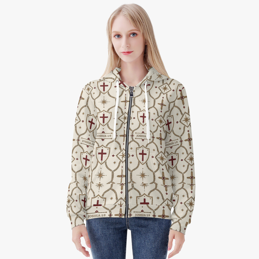 CARRY THE STANDARD women's full-zip hoodie in ivory — SANCTUS NOVA house monogram, view 5