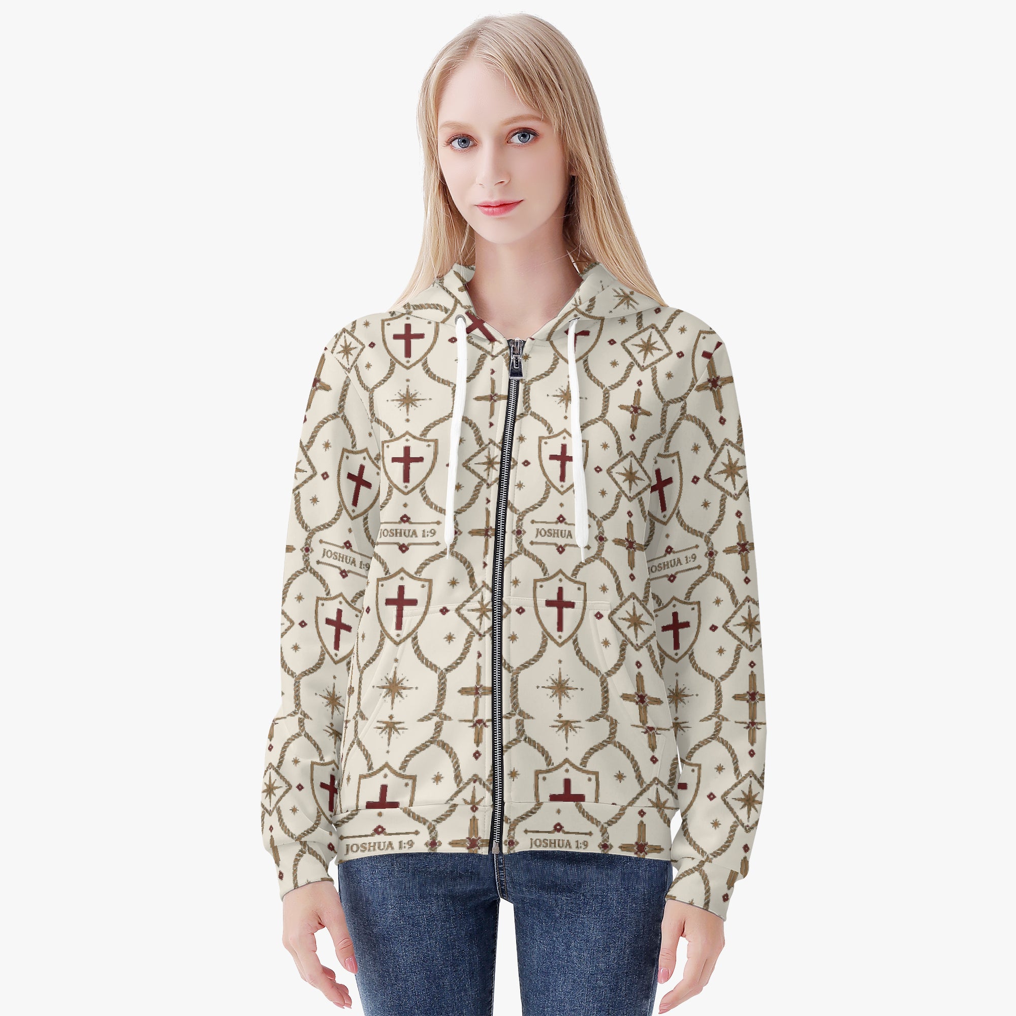 CARRY THE STANDARD women's full-zip hoodie in ivory — SANCTUS NOVA house monogram, view 5