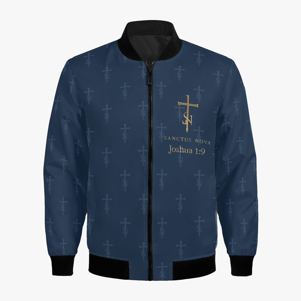 Flat front of the Royal Navy signature bomber jacket with complete gold chest signature, black zipper, pockets and ribbed trim.