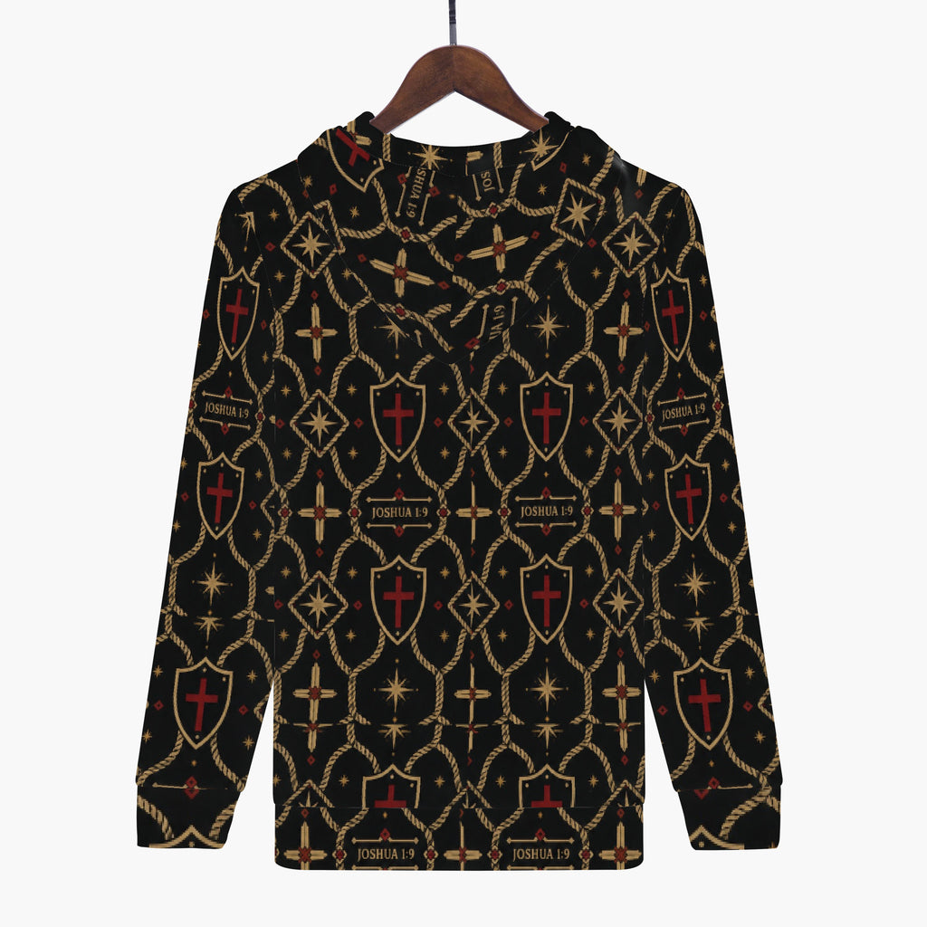 SANCTUS NOVA full-zip hoodie in the signature monogram on a hanger, hood laid flat — gold trellis and shields on charcoal