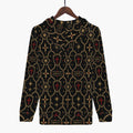 SANCTUS NOVA full-zip hoodie in the signature monogram on a hanger, hood laid flat — gold trellis and shields on charcoal