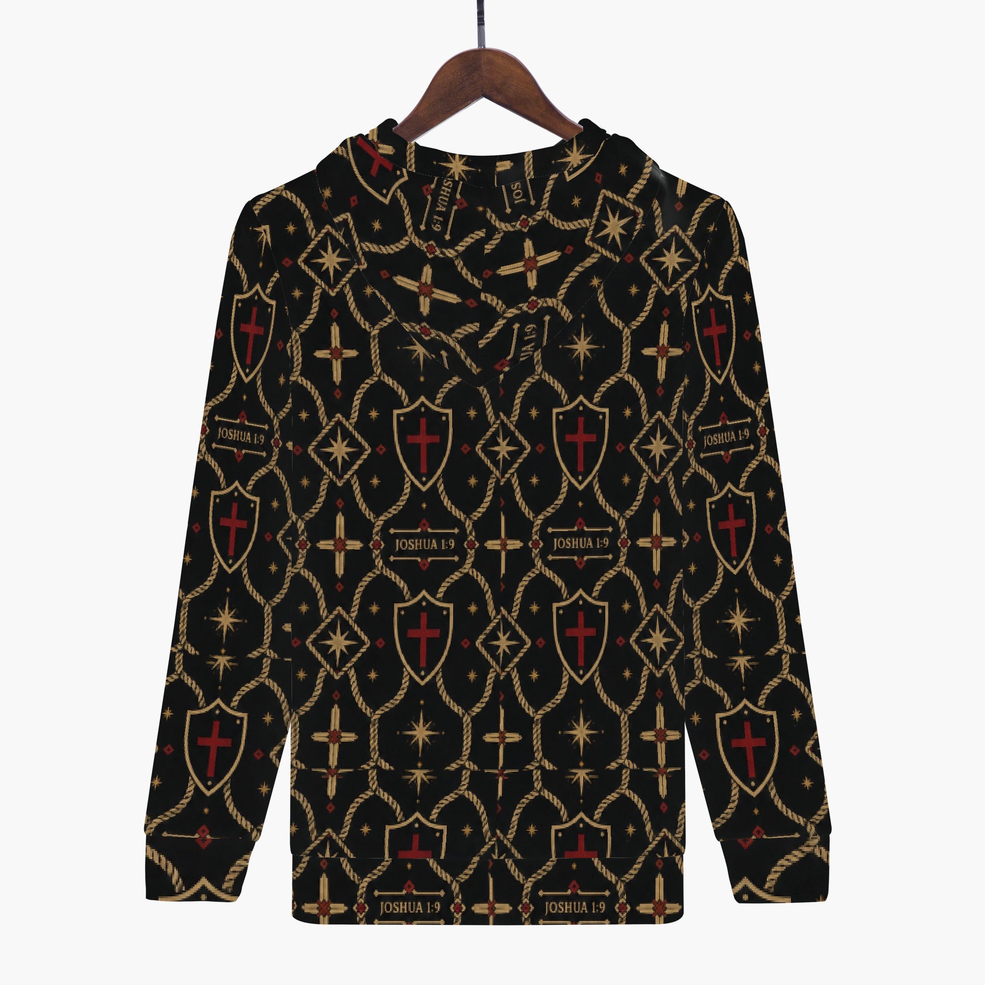 SANCTUS NOVA full-zip hoodie in the signature monogram on a hanger, hood laid flat — gold trellis and shields on charcoal