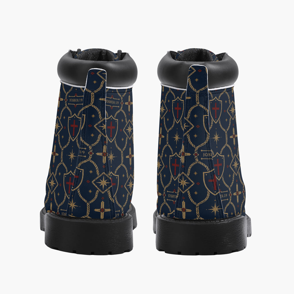 SANCTUS NOVA CARRY THE STANDARD leather boot in the royal navy monogram, lacing detail