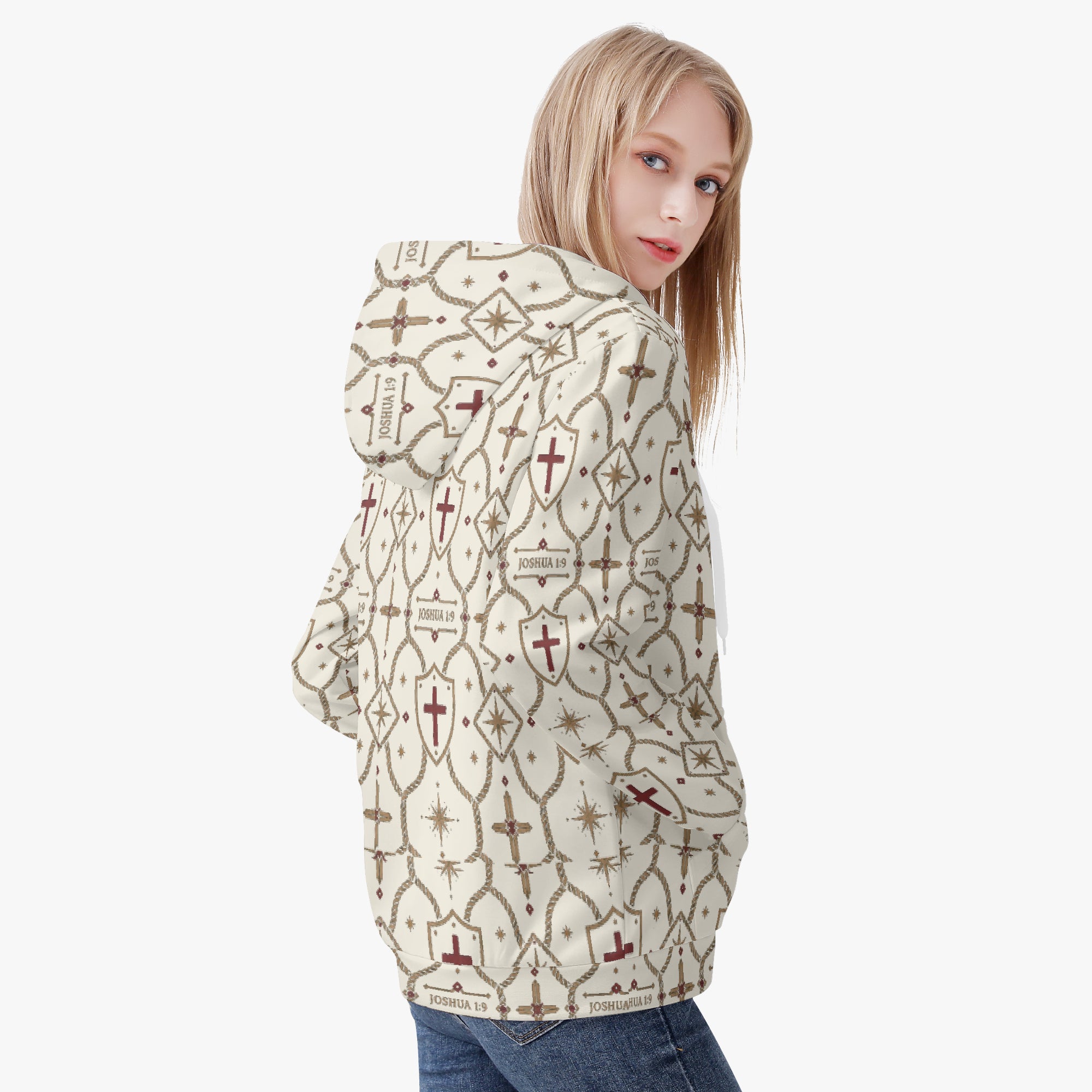 CARRY THE STANDARD women's full-zip hoodie in ivory — SANCTUS NOVA house monogram, marked JOSHUA 1:9