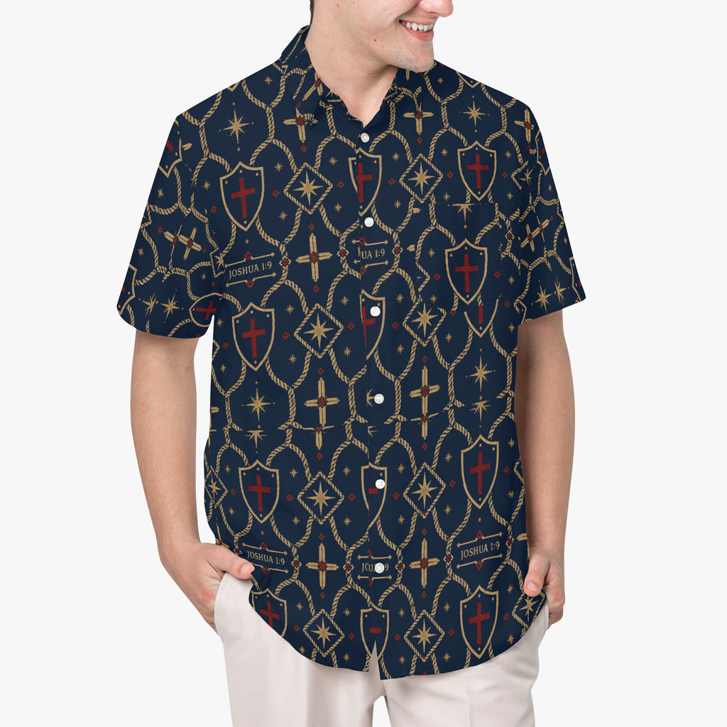 CARRY THE STANDARD camp shirt in royal navy — SANCTUS NOVA house monogram, marked JOSHUA 1:9