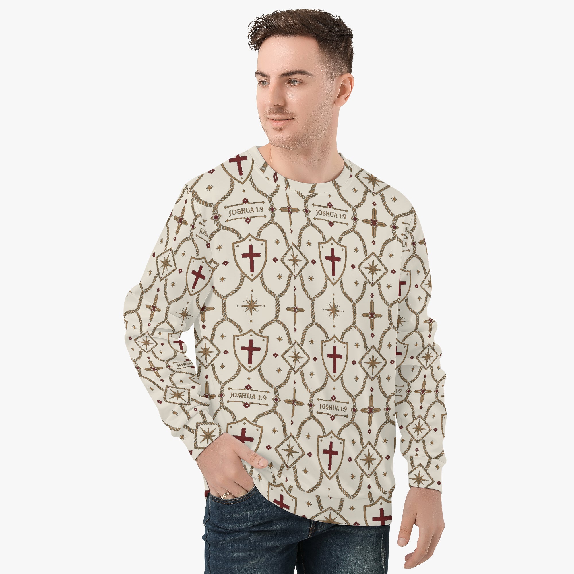 CARRY THE STANDARD crewneck sweatshirt in ivory, SANCTUS NOVA house monogram, front view