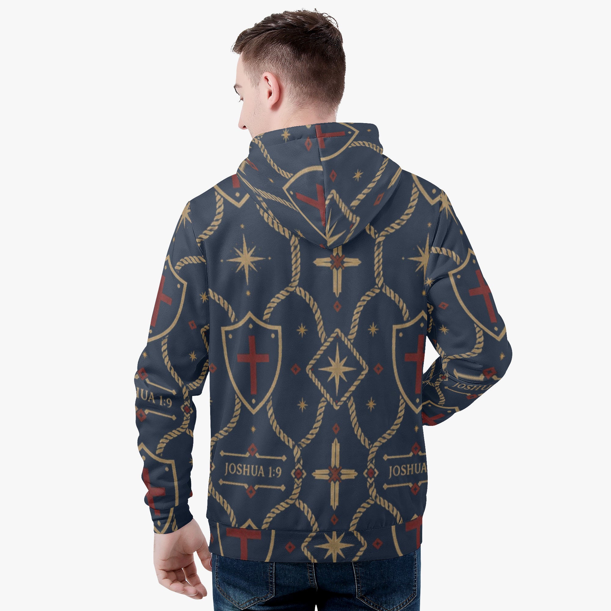 CARRY THE STANDARD pullover hoodie in royal navy — SANCTUS NOVA house monogram, marked JOSHUA 1:9