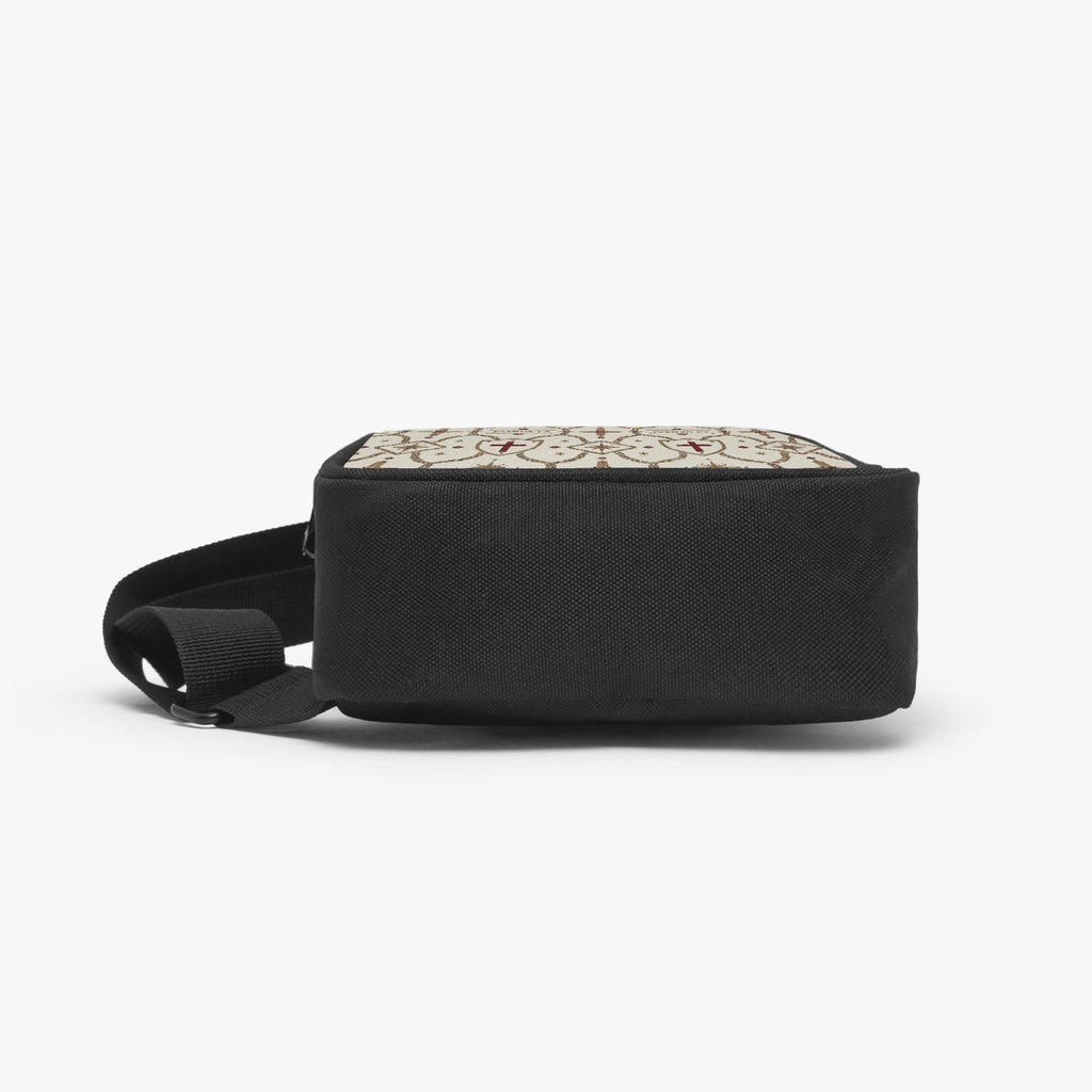 Ivory monogram chest bag — top and back, black nylon