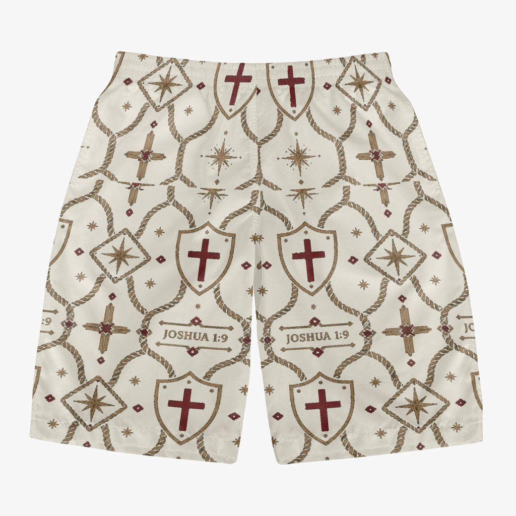 CARRY THE STANDARD board shorts in ivory, SANCTUS NOVA house monogram, front view