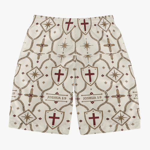 CARRY THE STANDARD board shorts in ivory, SANCTUS NOVA house monogram, front view