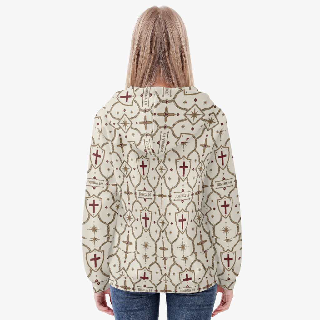 CARRY THE STANDARD women's full-zip hoodie in ivory — SANCTUS NOVA house monogram, view 4