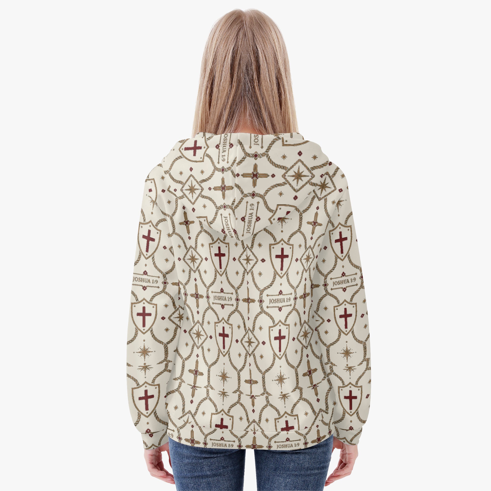 CARRY THE STANDARD women's full-zip hoodie in ivory — SANCTUS NOVA house monogram, view 4