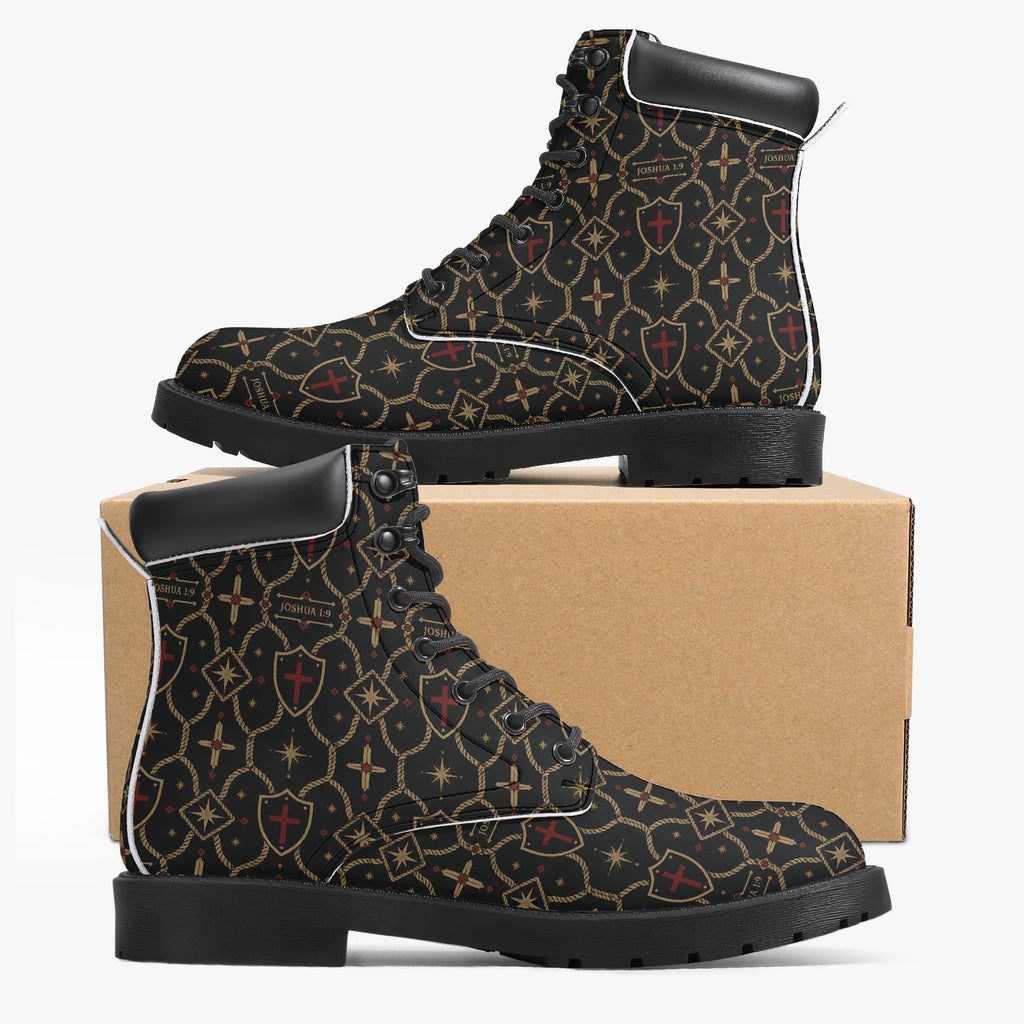 SANCTUS NOVA CARRY THE STANDARD leather boot in the signature monogram, worn view