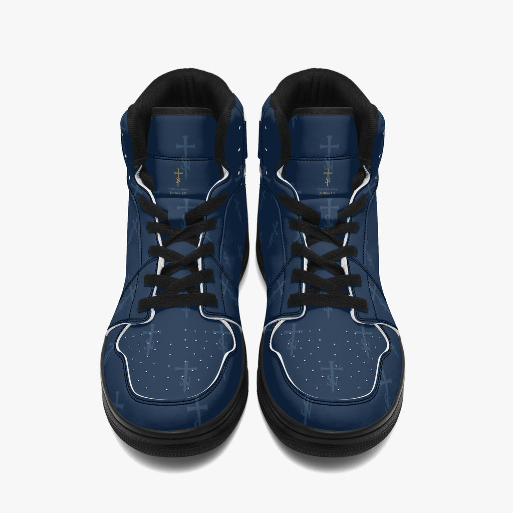 SANCTUS NOVA Royal Navy signature high-top sneakers with Black trim, front view showing gold tongue signatures and tonal cross-SN print.
