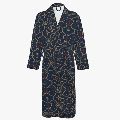 CARRY THE STANDARD bathrobe in royal navy — SANCTUS NOVA house monogram, view 2