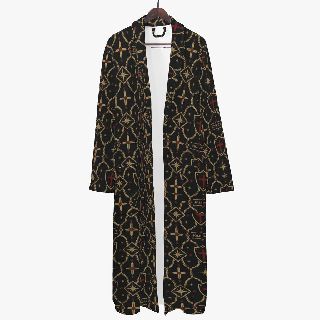 CARRY THE STANDARD bathrobe — SANCTUS NOVA house monogram in gold on charcoal, marked JOSHUA 1:9