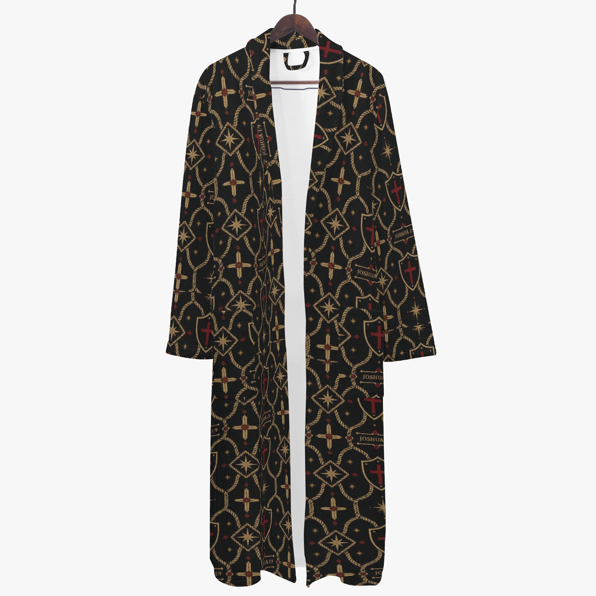 CARRY THE STANDARD bathrobe — SANCTUS NOVA house monogram in gold on charcoal, marked JOSHUA 1:9