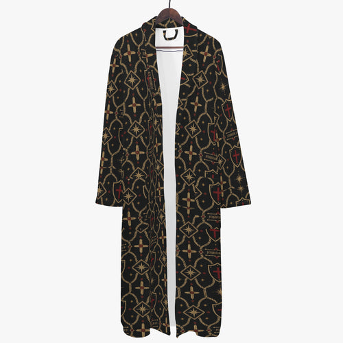 CARRY THE STANDARD bathrobe — SANCTUS NOVA house monogram in gold on charcoal, marked JOSHUA 1:9