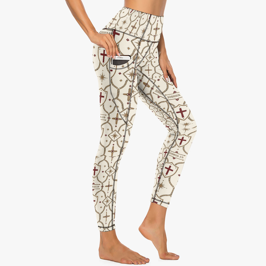 CARRY THE STANDARD women's leggings in ivory, SANCTUS NOVA house monogram, front view