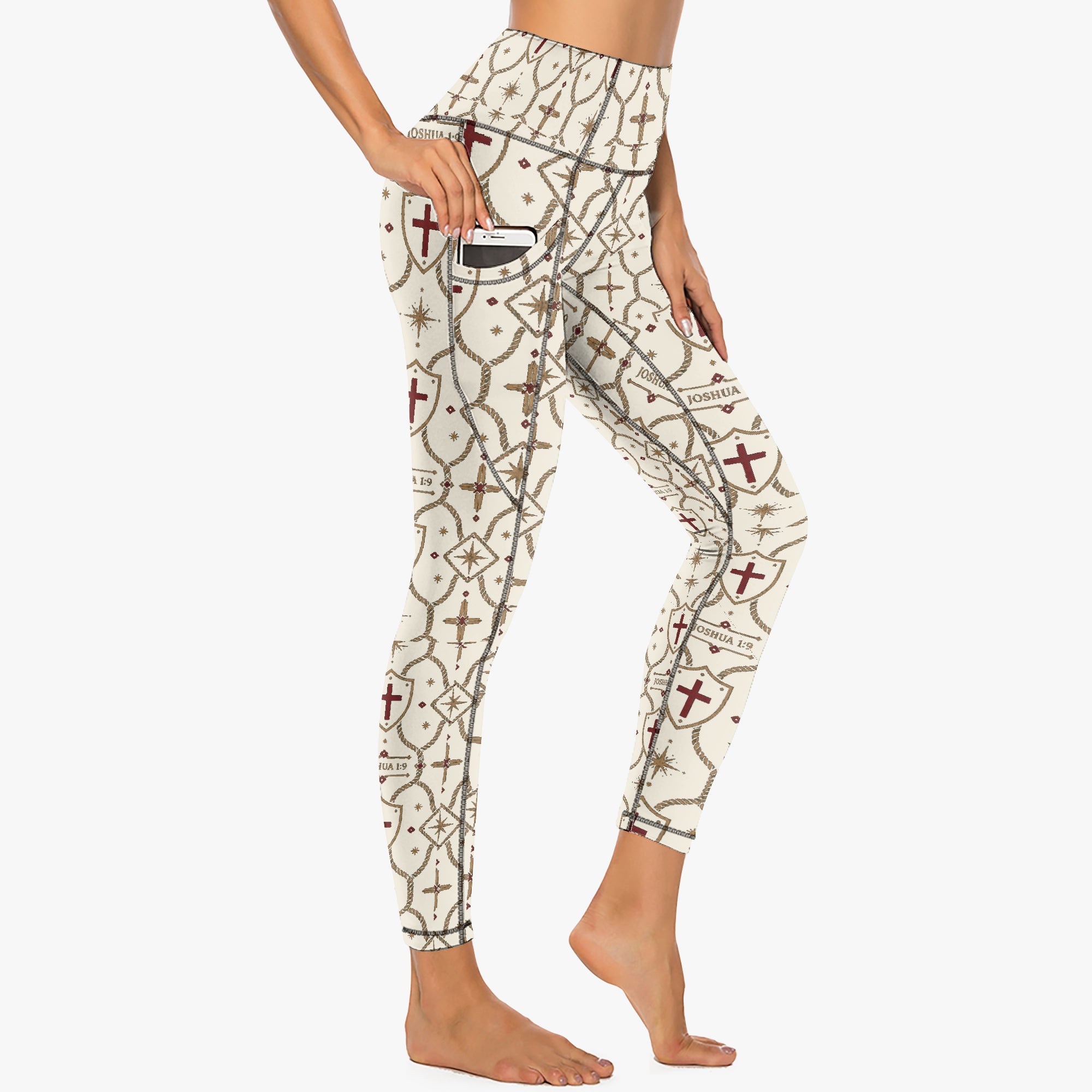 CARRY THE STANDARD women's leggings in ivory, SANCTUS NOVA house monogram, front view