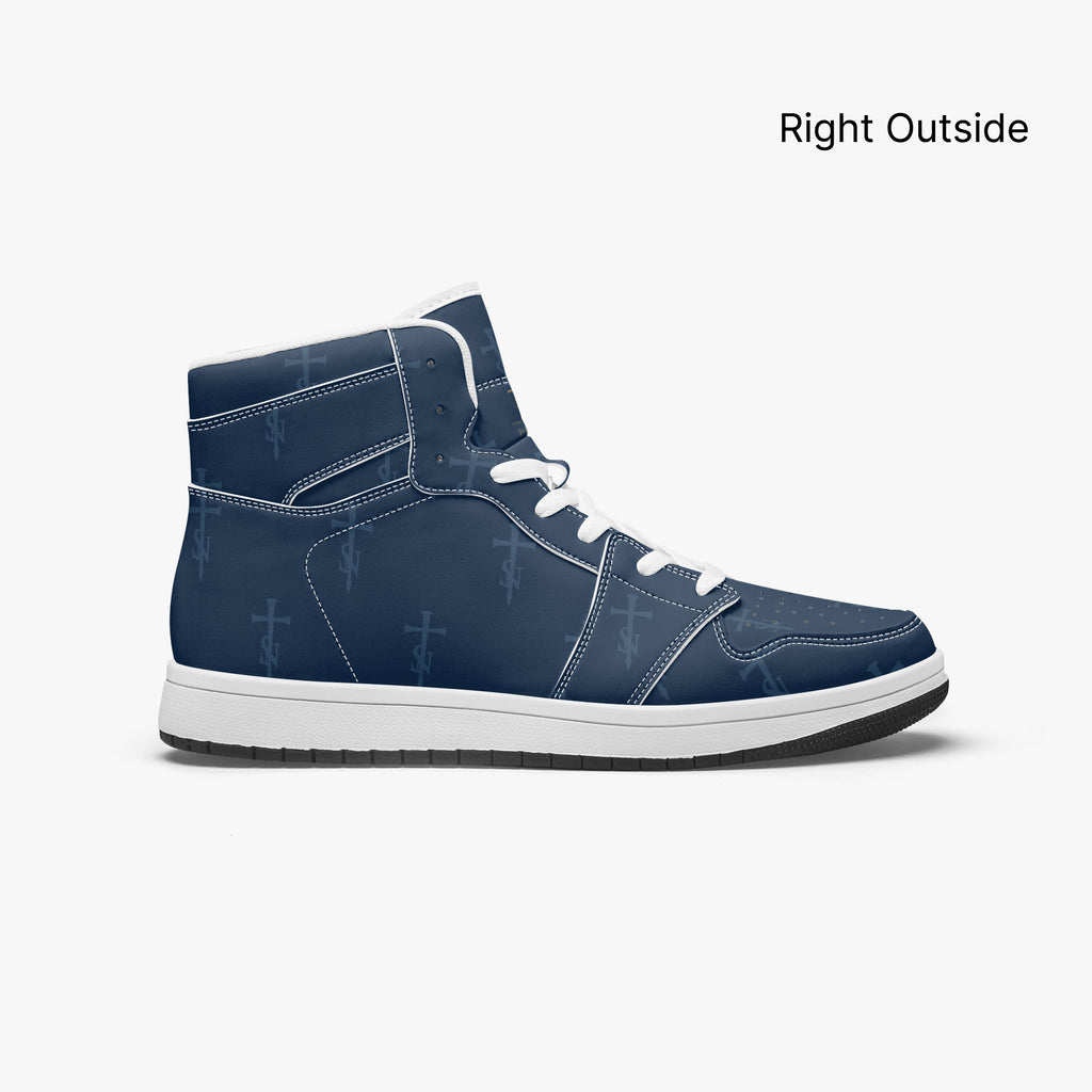 SANCTUS NOVA Royal Navy signature high-top sneakers. White trim, right outside profile.
