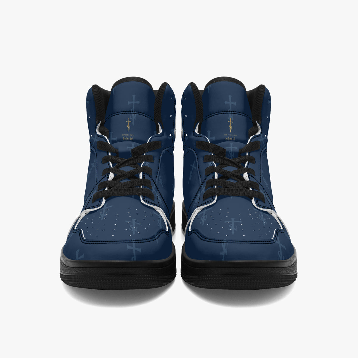 SANCTUS NOVA Royal Navy signature high-top sneakers. Black trim, low front view of the pair.